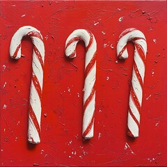 Three candy canes on a textured red background.