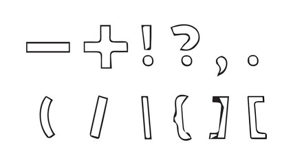Obraz premium Set of mathematical signs for solving examples in mathematics, set of punctuation marks drawn by hand in ink, sloppy signs question and exclamation marks, brackets, period, comma, plus and minus