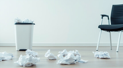 Wastepaper basket overflowing with crumpled paper next to modern office chair. Concept of failure, frustration, and discarded ideas. Bad day in the office.