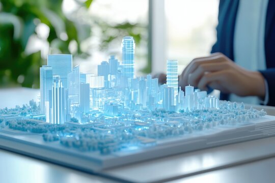 A futuristic city model, digitally rendered, displayed on a table. A person interacts with a digital interface in the background.