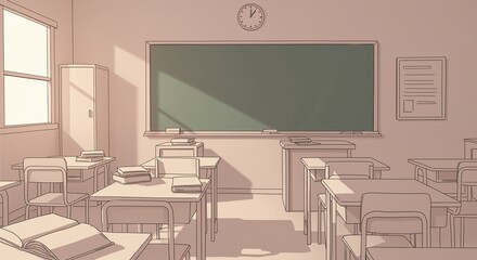 Empty classroom with desks, books, and a chalkboard, capturing the end of the school year atmosphere