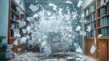 Exploding Paper Documents Chaos Scene 3D Render Library Bookshelves White Papers Flying Air Blast Dramatic Intense Office Workspace Creative Visual Abstract Background   