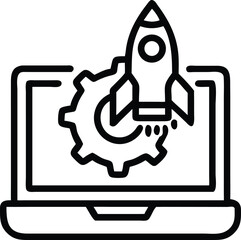 Black Line Icon Of Laptop Launching Rocket With Ge