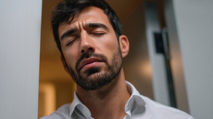 Obraz premium Contemplative superhero in dress shirt standing at doorway, serenity in focus