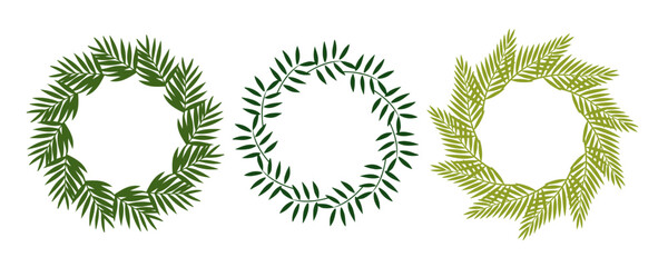 Set of three round tropical leaf frames. Botanical wreaths with palm and fern leaves. Perfect for eco branding, wedding invitations, summer design, and natural cosmetic packaging.