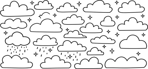 Fototapeta premium Kid pencil sketch clouds doodles set with stars - charcoal chalk hand drawn vector shapes isolated on white background. 