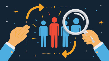 Vector illustration of candidate selection with magnifying glass highlighting standout red figure among blue people, surrounded by arrows and abstract business elements
