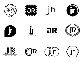 JR logo company template. Letter j and r logotype. Set different classic serif lettering and modern bold text with design elements. Initial font typography.