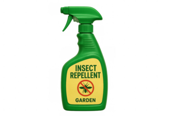 Green plastic spray bottle of insect repellent for garden on transparent background