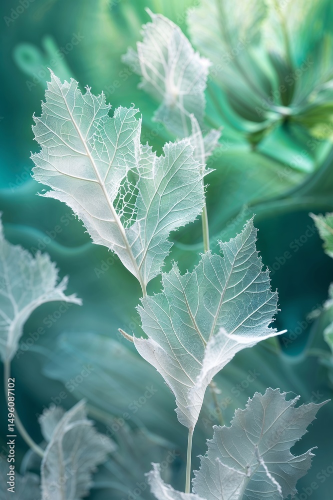 Poster delicate translucent leaves displaying intricate textures against a soft ethereal background in natu