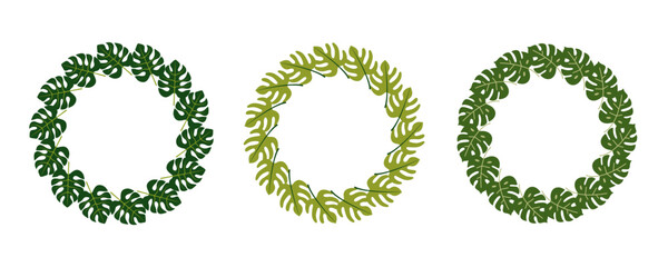 Set of three round tropical leaf frames. Botanical wreaths with green monstera and palm leaves. Perfect for eco branding, wedding invitations, summer design, and natural cosmetic packaging.