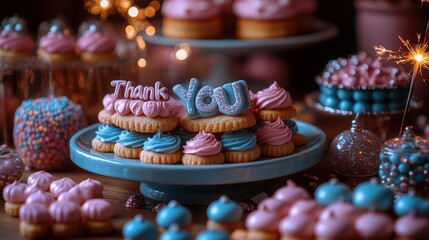 Many cupcakes and cookies on a table with sparklers text thank you