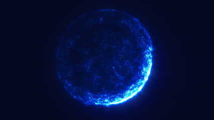 Blue digital orb glowing with thousands of scattered particles, radiating vibrant energy