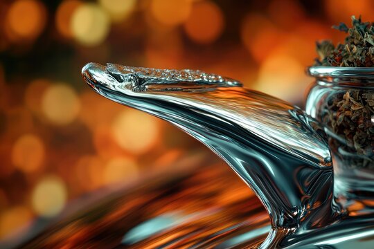 Fototapeta A gleaming chrome hood ornament, possibly an eagle, sits atop a vintage car, bokeh background.