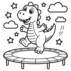 Cute Dinosaur and Cloud Running Scene – Playful Cartoon Line Art Coloring Page for Kids
