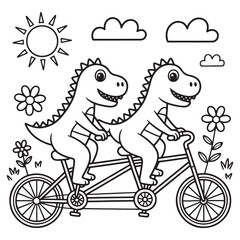 Dinosaur Friends Riding Bicycles Under Sun – Wholesome Cartoon Line Art for Kids Coloring Page