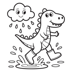 Fototapeta premium Cute Dinosaur and Cloud Running Scene – Playful Cartoon Line Art Coloring Page for Kids 