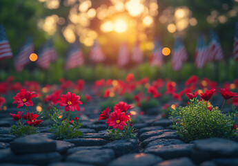 Fototapeta premium Pathway adorned with American flags at sunset, symbolizing patriotism and remembrance reflecting national pride and unity