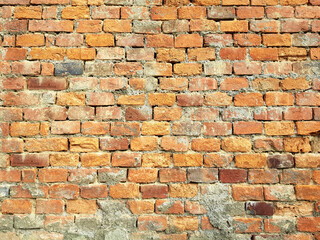 Old vintage red brick wall with falling plaster white texture background