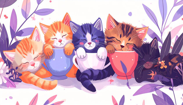 Five adorable kittens, various colors and patterns, snuggle contentedly in colorful teacups amidst stylized purple foliage