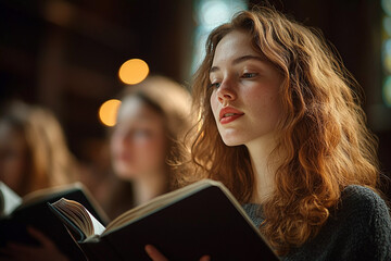 Young women church choir singing harmoniously under dramatic lighting in live performance setting