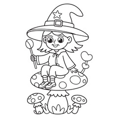 Adorable Witch Boy with Magic Wand and Hat – Halloween Cartoon Line Art Coloring Page
