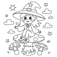 Smiling Witch Girl with Magic Hat on Mushroom – Cute Halloween Cartoon Line Art Coloring Page