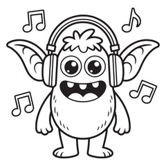 Cute Music Monster with Headphones – Line Art Coloring Page