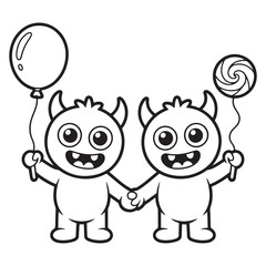 Cartoon Monster Friends Holding Balloon – Cute Line Art Coloring Page