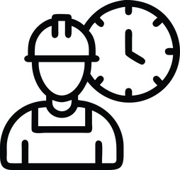 Black Line Icon Of Worker With Helmet And Clock  I