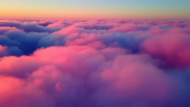 Flying above the clouds by airplane during sunset or sunrise revealing a beautiful sky with pink and blue colors on the horizon background, footage