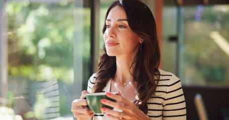 Smile, thinking and woman drinking coffee by window for peace, calm or walk on weekend break with view. Tea cup, morning beverage and person in home for thoughts, reflection or inspiration with latte