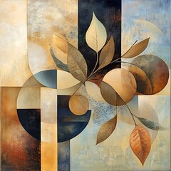 Abstract composition featuring leaves and geometric shapes.