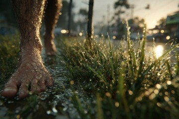 Barefoot in Dewy Grass A CloseUp of Morning Freshness and Natures Serenity