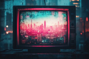 A vintage TV displays a futuristic cityscape at sunset, glowing with pink and teal hues.