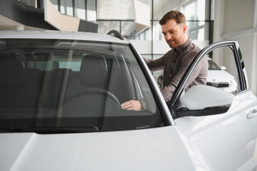Customer choosing new car in dealership showroom