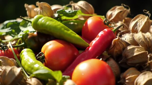 Fresh Harvested Garden Vegetables, Tomatoes, Peppers and Ground Cherries