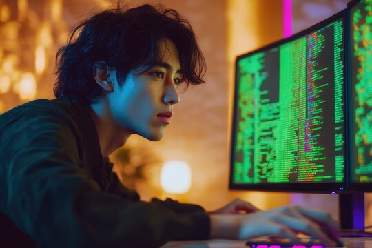 A young man intensely focused on lines of code displayed on a dual monitor setup, illuminated by warm ambient lighting.