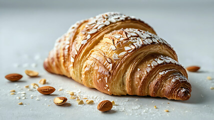 A golden-brown almond croissant rests on a gray surface,its flaky layers and crunchy almond topping inviting a delightful taste experience.  The scattered almond pieces add to the delicious bakery sce