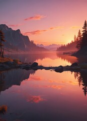 Mirror-like lake reflecting vibrant sunset colors ,  golden light,  nature