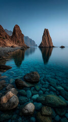 Obraz premium Harmonious rock formations rise gracefully against the calm backdrop of the sea. A peaceful and meditative coastal scene symbolizing balance, nature’s beauty, and timeless tranquility. 