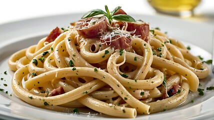Delicious pasta dish featuring creamy sauce pasta with bacon parmesan cheese and basil garnish a tempting Italian food photography perfect for restaurant menus or food blogs