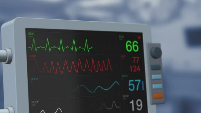 close-up ekg heart monitor flatline hospital machine ecg black and green line pulse.