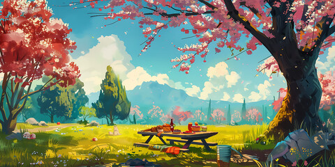 Obraz premium Vibrant Picnic Scene Under Blooming Cherry Blossom Trees with a Picnic Table Surrounded by Colorful Flowers and Picturesque Landscape