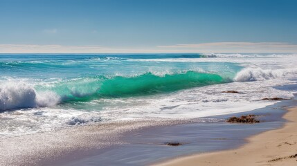 Vibrant turquoise ocean waves crashing on a sandy beach under a bright blue sky with gentle clouds on a sunny day, perfect for nature lovers and travelers