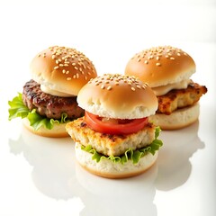 Three assorted mini burger sliders &ndash; beef, chicken, and veggie &ndash; displayed on a white background