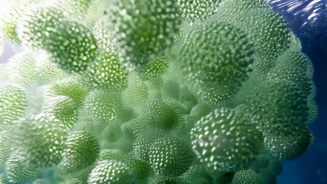 Underwater close-up of transparent sea tunicate colony with small green spheres floating near surface, illuminated by sunlight reflecting on ocean water