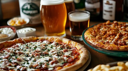 Delicious Pizza with Beer and Appetizers Gourmet Food Night Dinner Party Restaurant Menu Appetizers Tasty Meal Pizza Restaurant Food Photography pub bar eat pic oven     