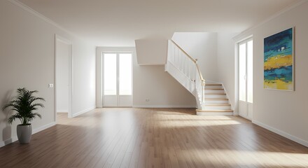 Fototapeta premium Modern interior with a wooden staircase and contemporary design in an empty home