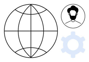 Globe with latitude and longitude lines, human profile in a circle, and gear icon. Ideal for technology, networking, global reach, collaboration, digital innovation, team management flat simple